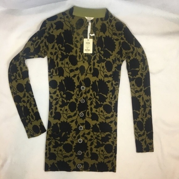 Fossil Green Black Dark Floral Print Long Sleeve Fitted Cardigan Sweater NEW XS - Picture 4 of 8